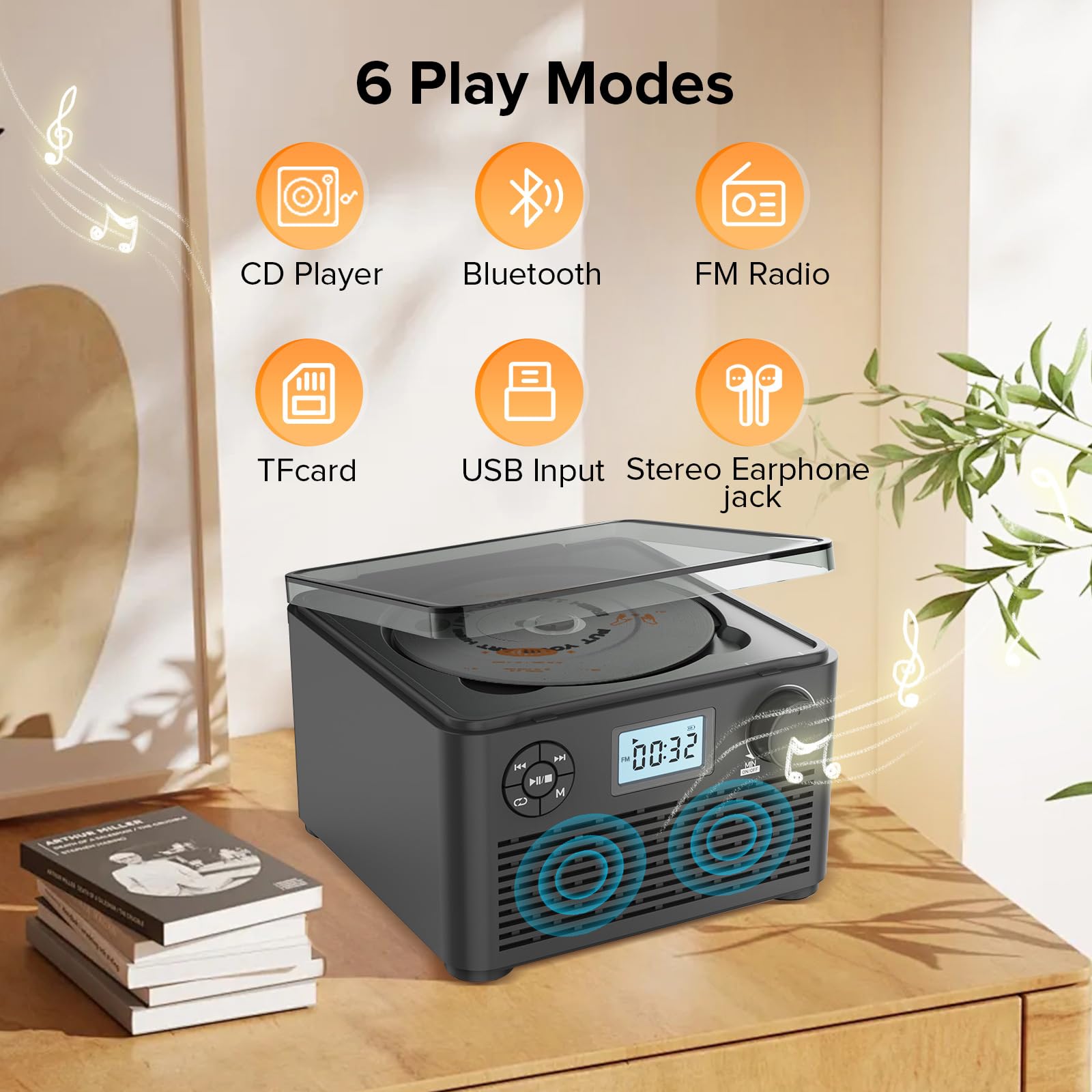 Reproductor de CD con radio FM, conectividad Bluetooth, soporte USB/TF, sonido estéreo, canal 2.0, diseño portátil, batería de 4000 mAh