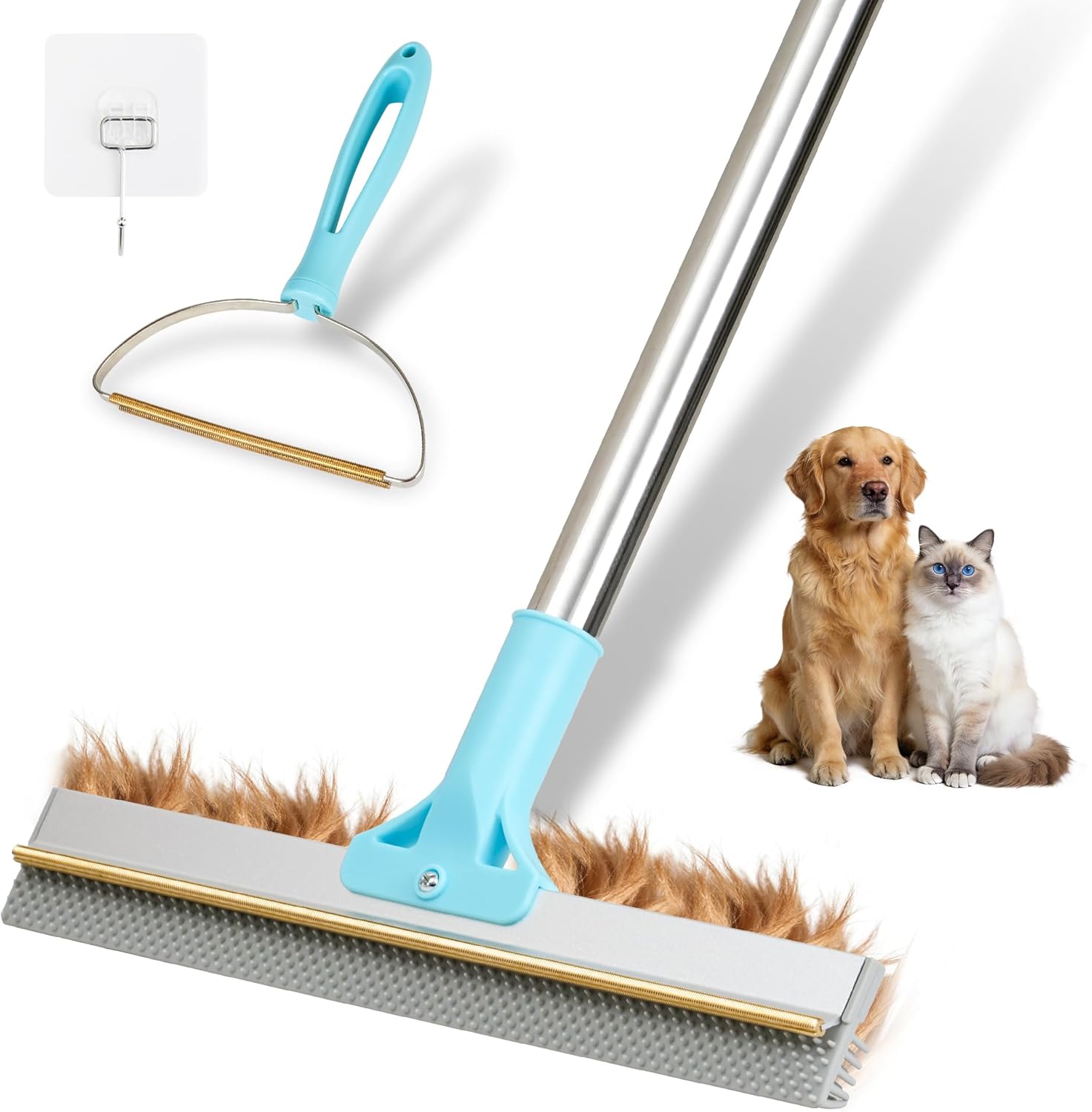 PLITTPETTS Carpet Rake Pet Hair Remover: 54" Adjustable Handle, 2026 Upgraded 2-Pc Reusable Broom for Dog Cat Hair on Rugs, Couch, Furniture