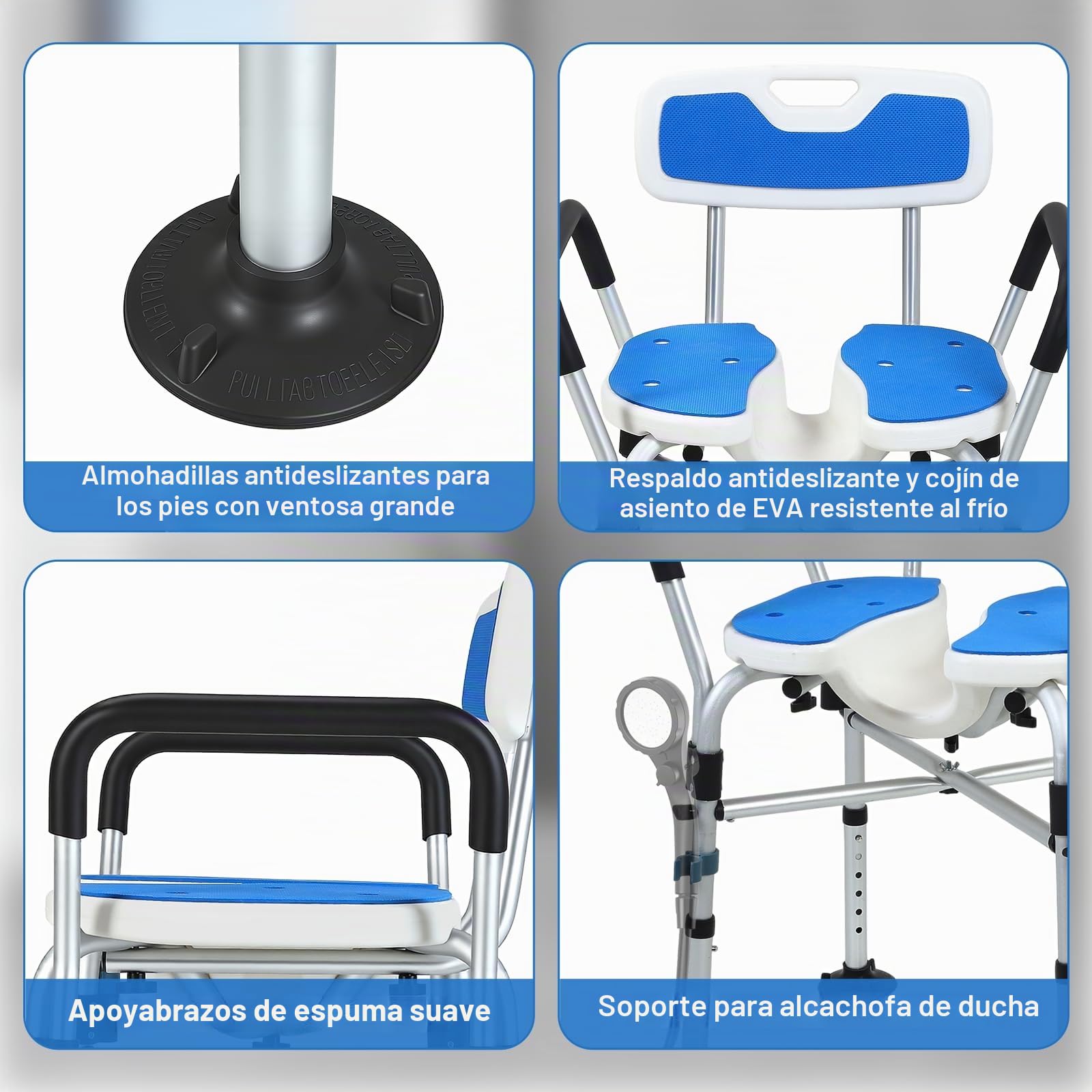 Silla de Ducha para Personas Mayores Silla de Ducha Plegable Reposabrazos y Respaldo Antideslizante, Altura Ajustable Capacidad de Carga de 150kg Silla de Baño con Diseño Cóncavo 3D