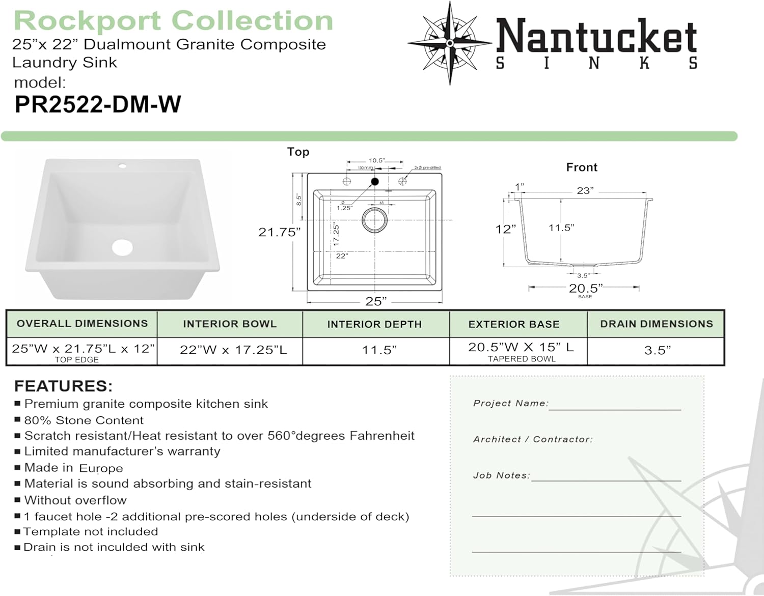 Nantucket Sinks Drop In Utility Sink – 25" Granite Composite Undermount Laundry Sink, Dual Mount, Rectangular Single Bowl, Matte White, Made in Europe – Sturdy, Scratch Resistant – PR2522-DM-W