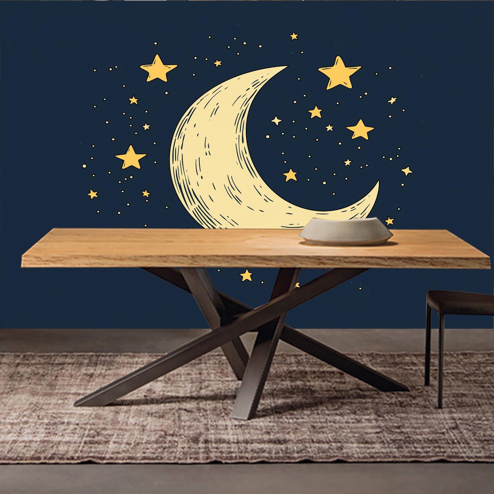 Tapeta ścienna z księżycem i gwiazdami w stylu Doodle, fototapeta, księżyc i gwiazdy, tapeta ścienna, 400 x 280 cm (szer. x wys.), dekoracja ścienna, tapeta dekoracyjna, tapeta ścienna, tapeta do
