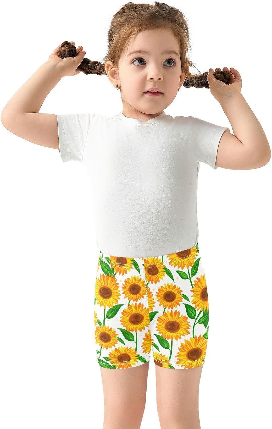 Sunflower Leaves Floral White Girls Bike Shorts Toddler Soft Cotton Active Under Dress Shorts
