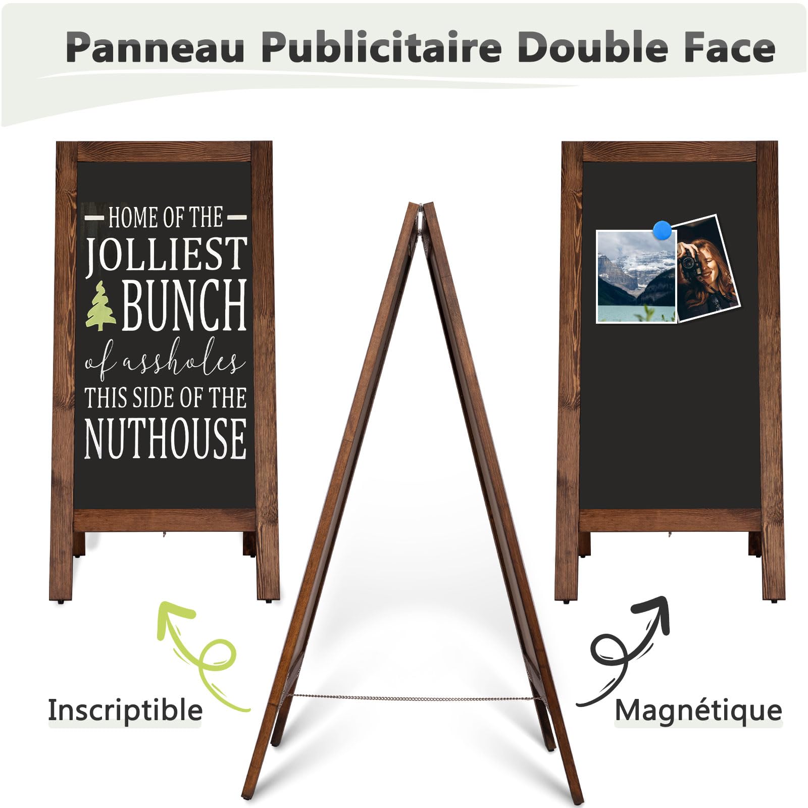 DOLLAR BOSS panneau publicitaire extérieur 48x100cm chevalet stop trottoir | tableau noir magnétique, tableau à craies double face avec cadre en bois pour restaurant, café, bar, mariage, marron