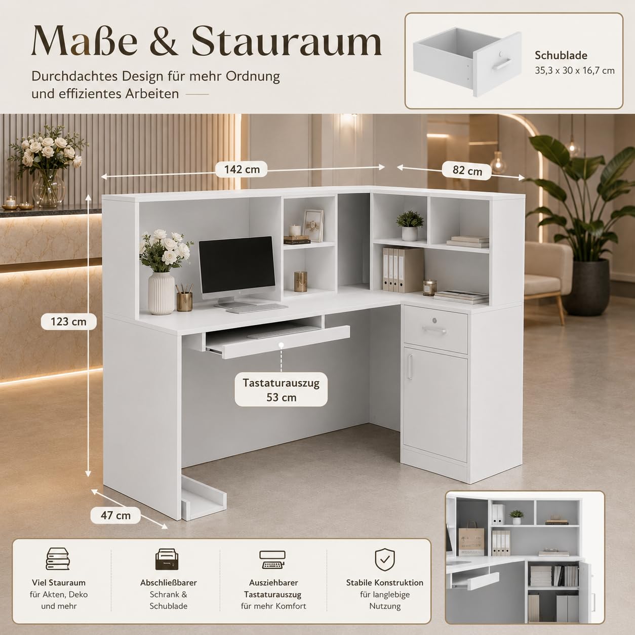 Empfangstheke MDF 140x80x120 cm mit Computertablett, abnehmbarem Regal, 1 Schublade, 1 Schrank
