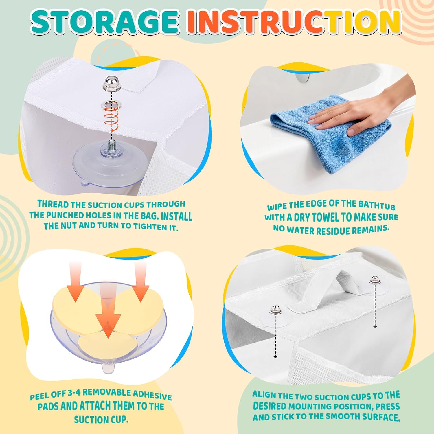 Saddle Shape Bath Toy Organizer with 2 Suction Cups & 8 Removable Adhesive, Bathtub Toys Supplies Holder with 2 Compartments, Mesh Bath Toys Tub Accessories Holder for Toiletries