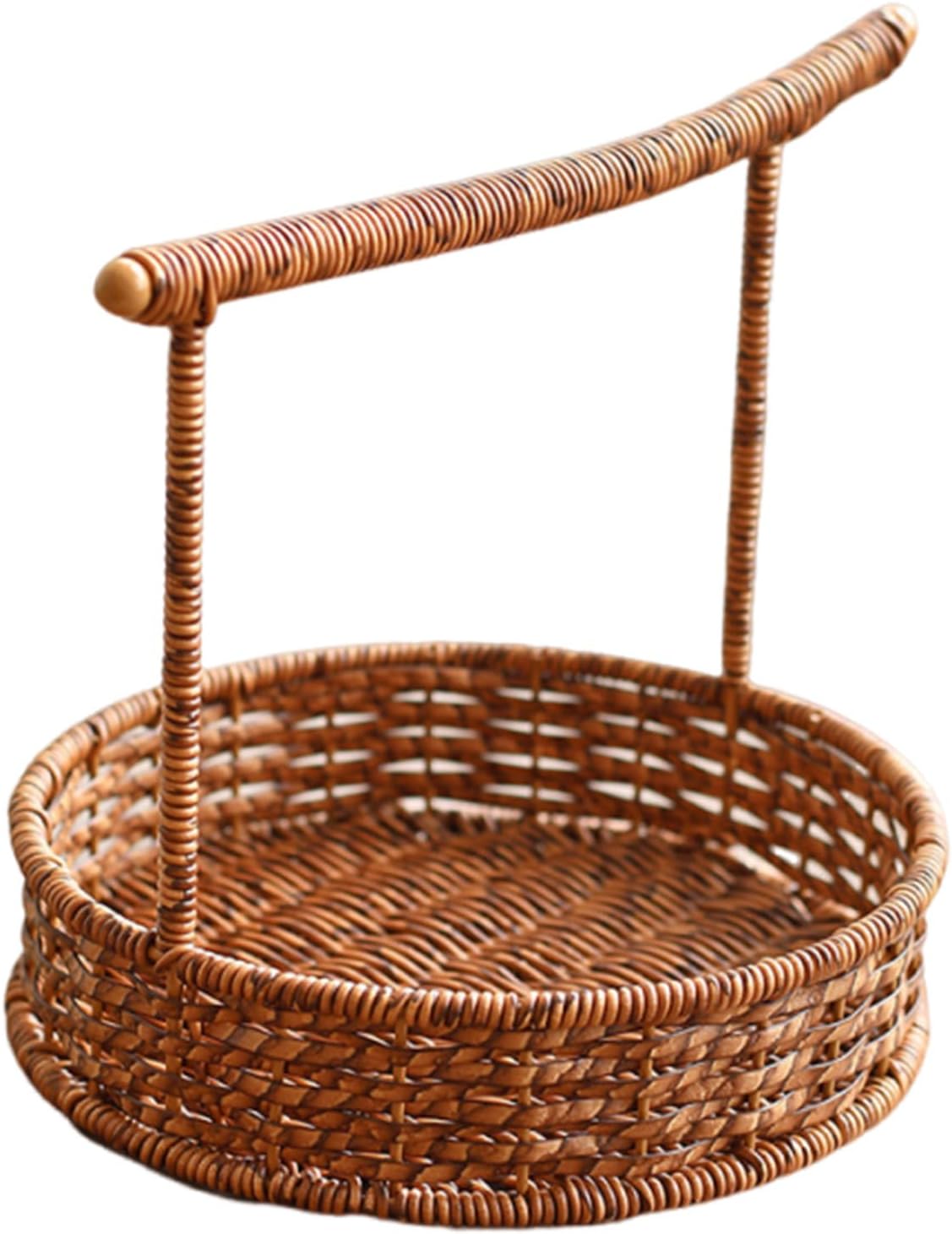 Serving Basket with Handle, Handmade Lightweight Imitation Rattan Woven Tray, Rustic Vintage Brown Plastic and Iron Storage Basket for Dining and Picnics, for Bread