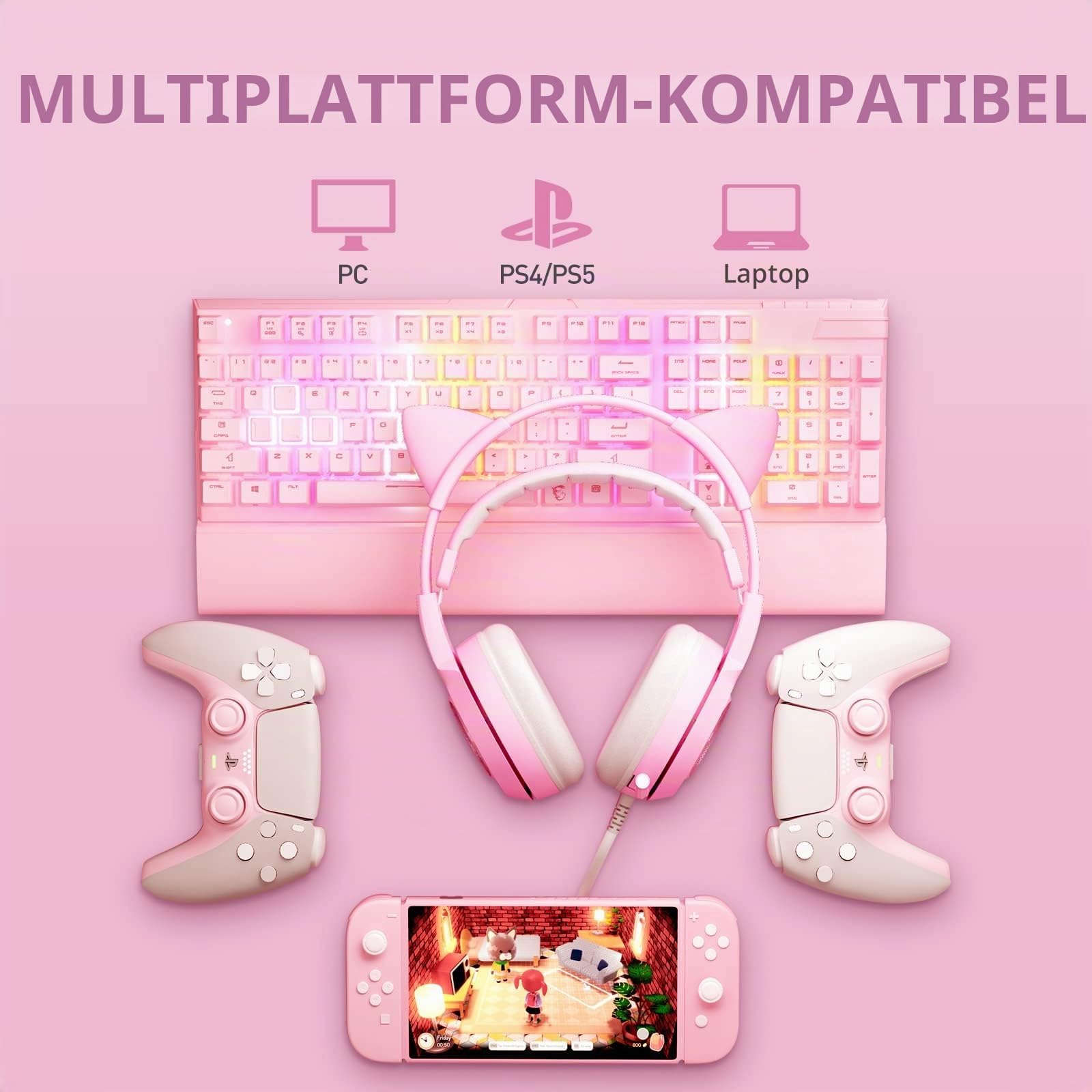 Somic G951rosa Rose Kat Gaming Headset Kopfhörer mit Virtuell 7.1 Klingen und LED Licht, Mikrofon für Computer, PS4, Laptop an Freundin, Frau (USB Stecker) USB-Buchse Rose