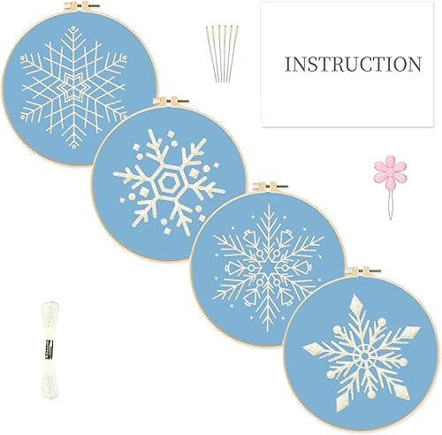 Miniatura 1 de INFUNLY Paquete de 4 kits de bordado de copo de nieve, kits de punto de cruz para principiantes y adultos, kit de inicio de punto de aguja de