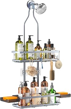 Skyapex Shower Caddy Hanging Adjustable Height Organizer for Over Showerhead - Rustproof Shower Shelves with Hooks & 2 Soap Holders
