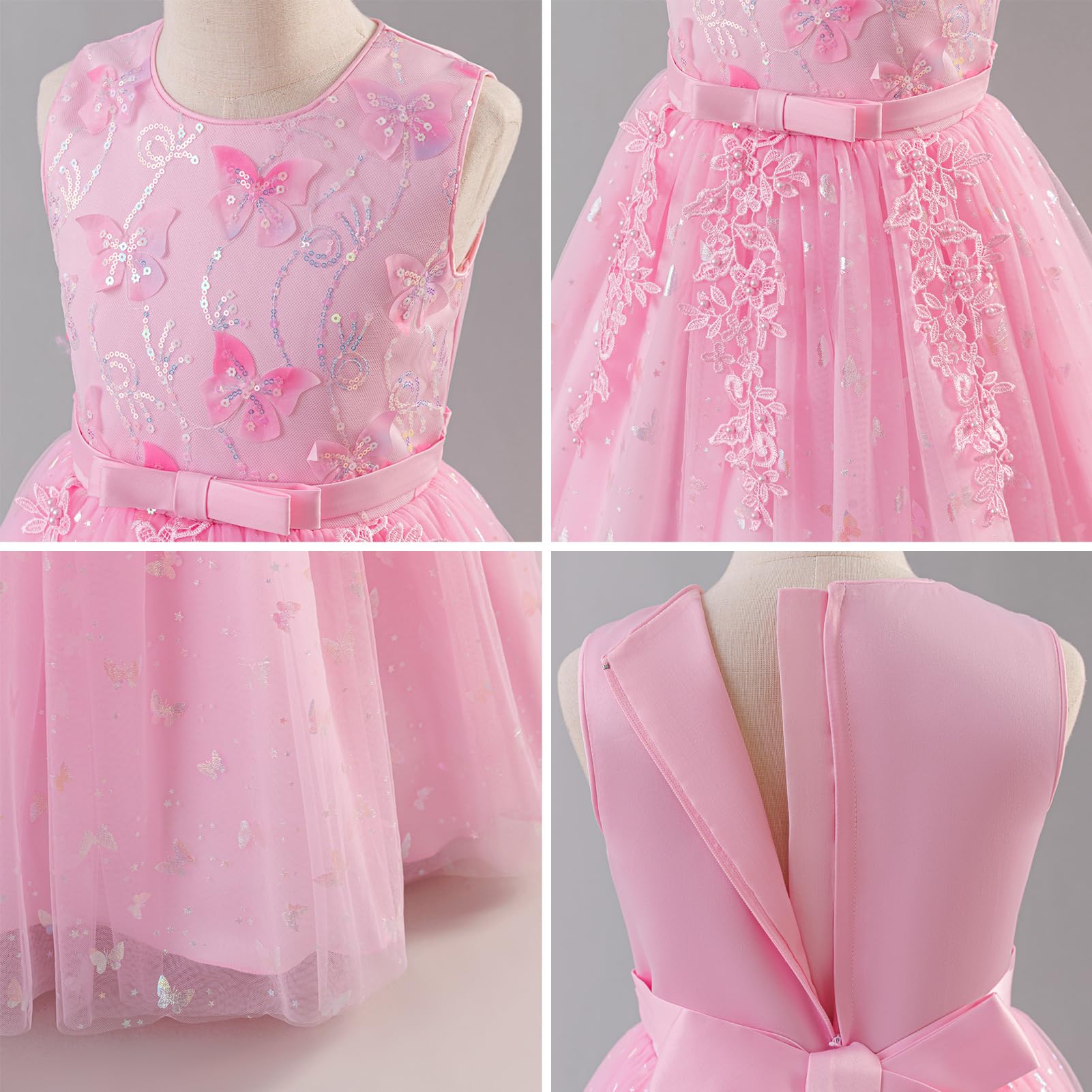 Vestido de fiesta para niña, vestido de princesa de tul con lentejuelas | Vestido festivo para niña con encaje floral bordado y tul multicapa, para bodas, cumpleaños y desfiles