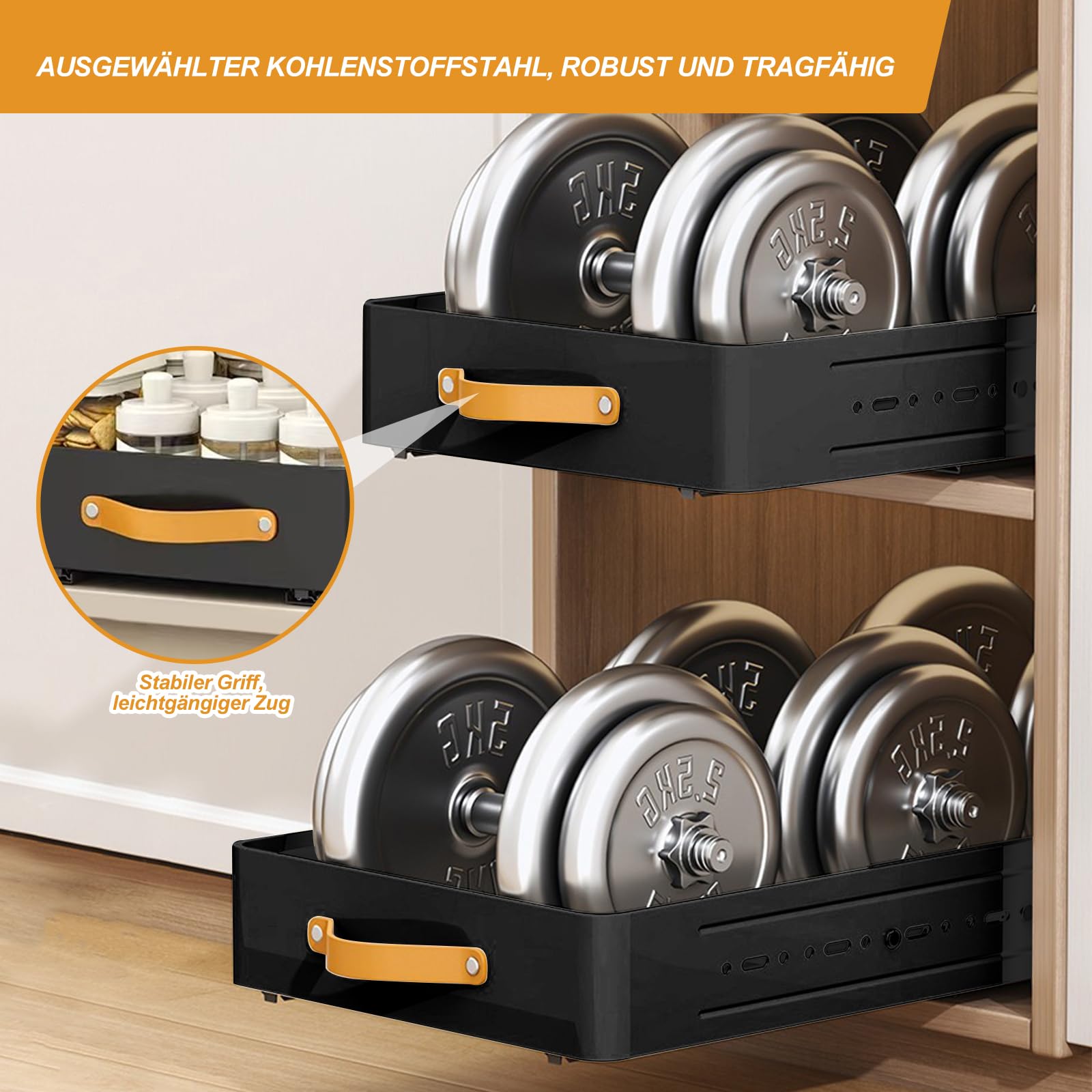 Teleskopschublade - Tiefe Einstellbar 41-60CM Tief x 25CM Breite x 7.8CM Höhe, Ausziehbare Schublade Küche Große Metall Slide Out Organizer Mit Griff, Organizer Ausziehbar Für Küche Badezimmer Schwarz