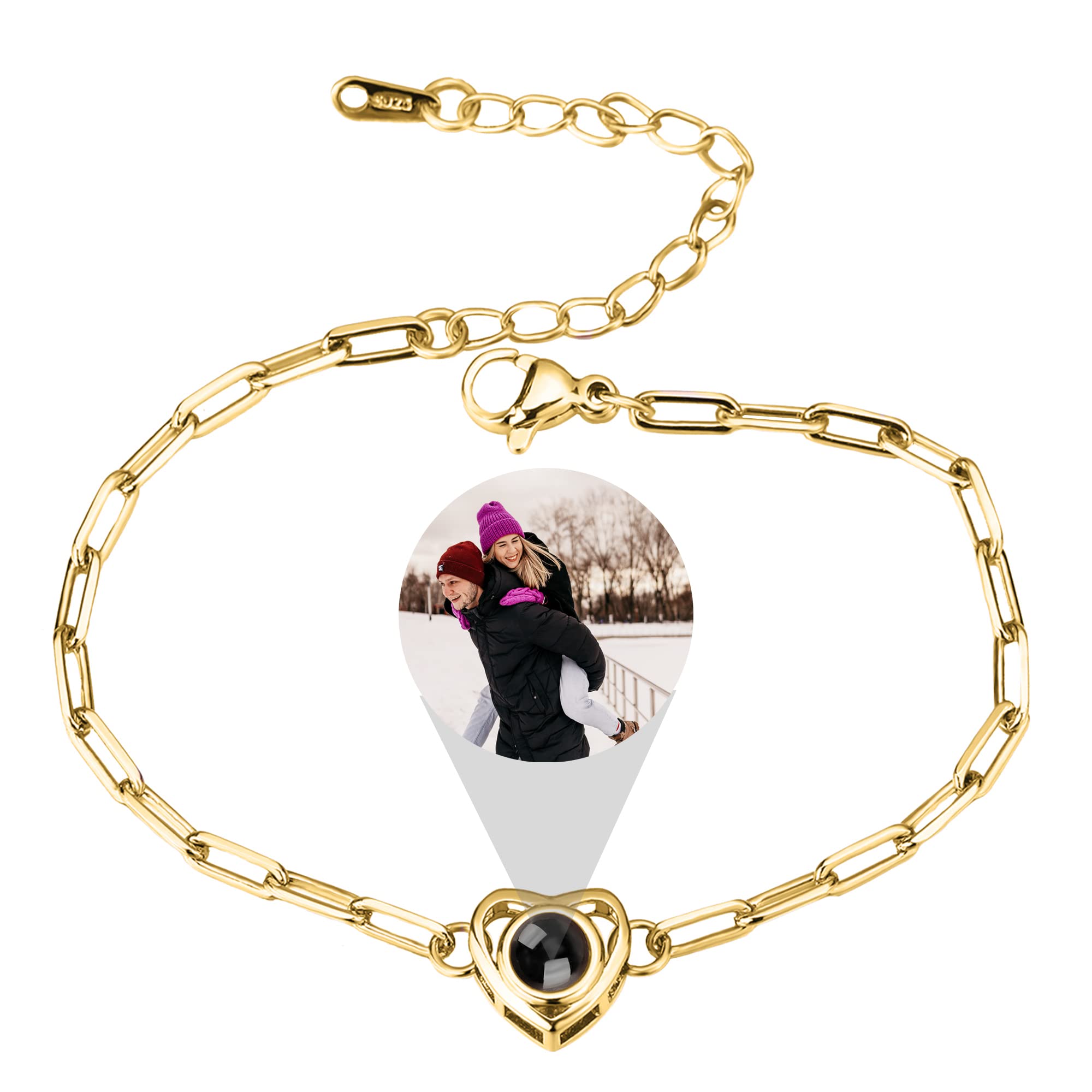 GodchoicesPulsera de foto personalizada Pulsera de proyección de foto personalizada Cadena de eslabones Pulseras de foto de corazón con imagen en el interior para mujeres/hombres/parejas/amigos