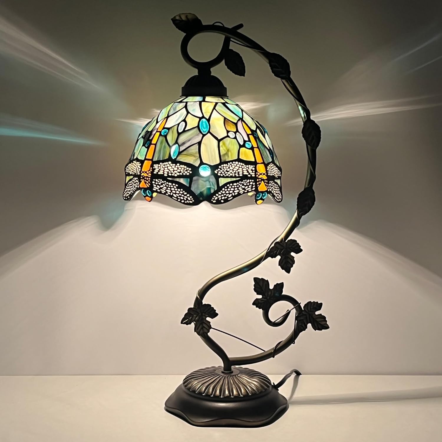 Tiffany Table Lamp, Stained Glass Desk Reading Light,Metal Leaf Table Lamp Base 8X10X21 Inches (Brown Dragonfly)
