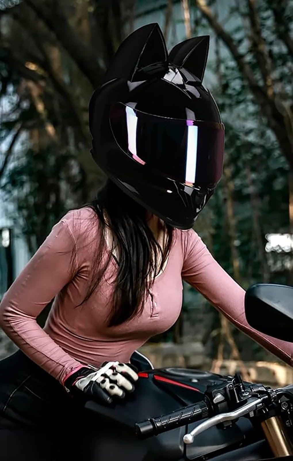 Casco De Moto Con Orejas De Gato Cascos Integrales Con Viseras Cascos De Motocross Homologados ECE Para Adultos Hombres Mujeres Cuatro Estaciones A7,S (50-53cm)