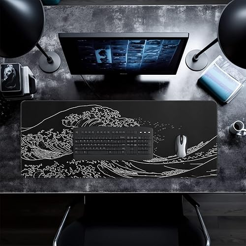 Miniatura 7 de Alfombrilla de mouse japonesa para juegos, color negro, abstracto, 31.5 x 11.8 pulgadas, textura de olas de mar, base de goma antideslizante,