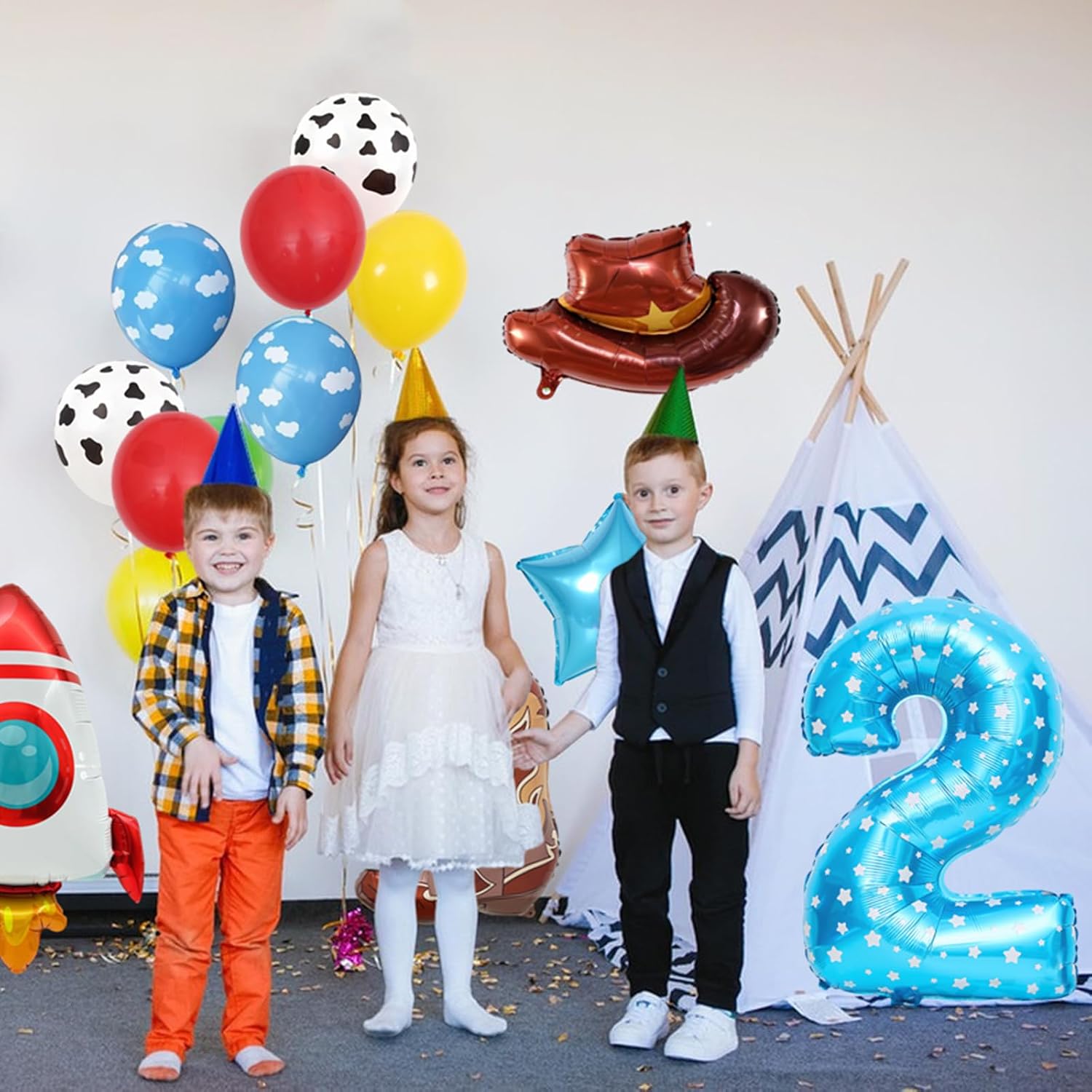 17pcs Cartoon Toy Themed Party Decorations, Number 2nd Boys And Girls Birthday Party Supplies, Cowboy Hat Boots Rocket Mylar Foil Balloon, Red Blue Yellow Balloons With Cow Print (2nd) image 4