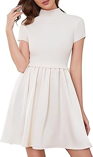 Women Mock Neck Patchwork Pleated Sweater Dress Short Sleeve Swing Knitted Solid Slim Fit Fashion Mini Dress Trendy - Buy now