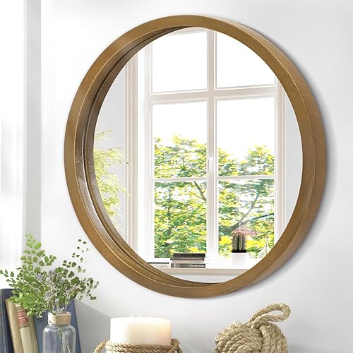 Espejo redondo de pared pequeño espejo circular para baño, espejo de tocador blanco rústico, pequeño círculo de pared para pared, marco de madera,