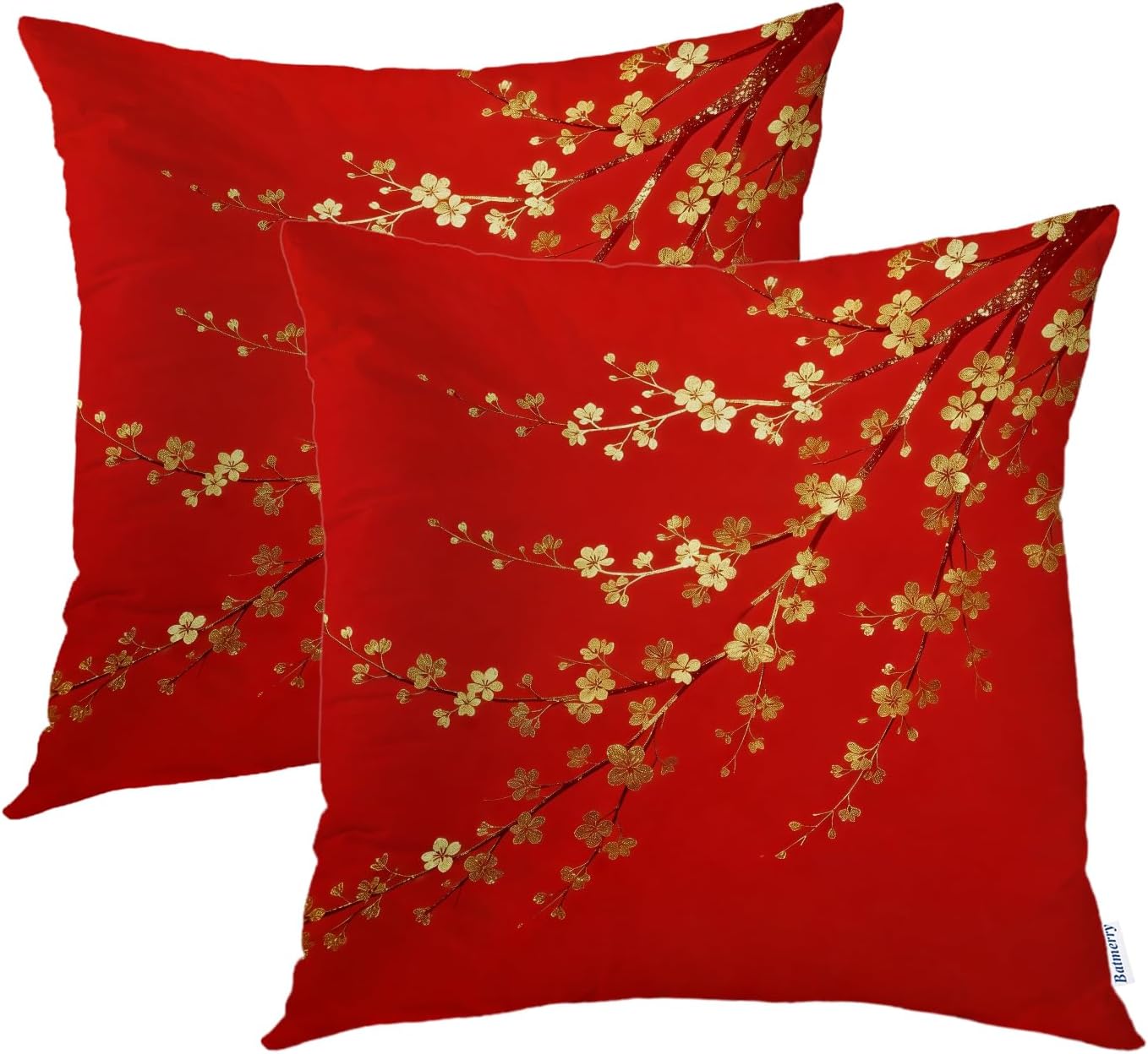 Batmerry Golden Blossoms Throw Pillow Covers, Red Background with Gilded Branches Decorative Pillow Covers Digital Printing Blended Fabric for Couch Sofa Bed Invisible Zipper 18X18 in(Set of 2)