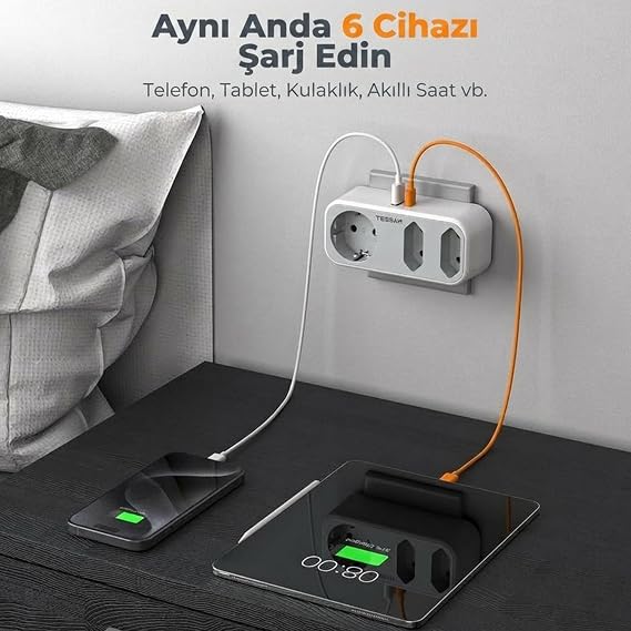 TESSAN USB C çoklu priz, yer tasarruflu priz, 3 prizli | F Tipi ve 2 USB Bağlantı Noktası, Ofis, Ev, Gri için Çoklu Priz Adaptörü