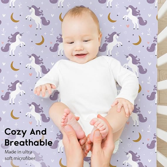 Yoofoss 2-Pack Baby Crib Sheets for Boys Girls 52x28 (Purple+Unicorn)
