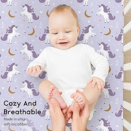 Yoofoss Baby Crib Sheets for Boys Girls, Fitted Crib Sheet 2 Pack for Standard Crib and Toddler Mattress, Super Soft Microfiber Baby Sheet 28x52x8in(Purple+Unicorn)