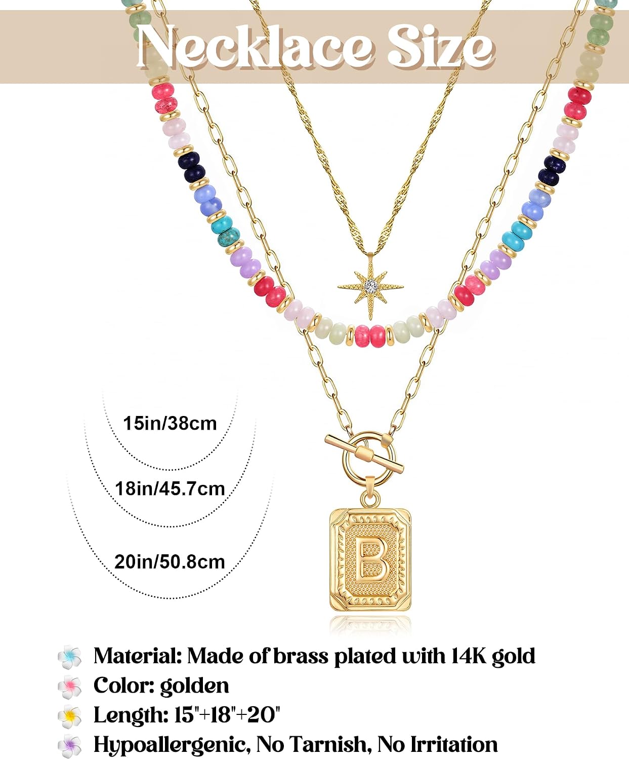 MJartoria Layered Initial Necklaces for Women Trendy, 14K Gold Plated Brass Simple Star Choker Square Letter Pendant Necklace, Colorful Beaded Necklaces Jewelry Gifts