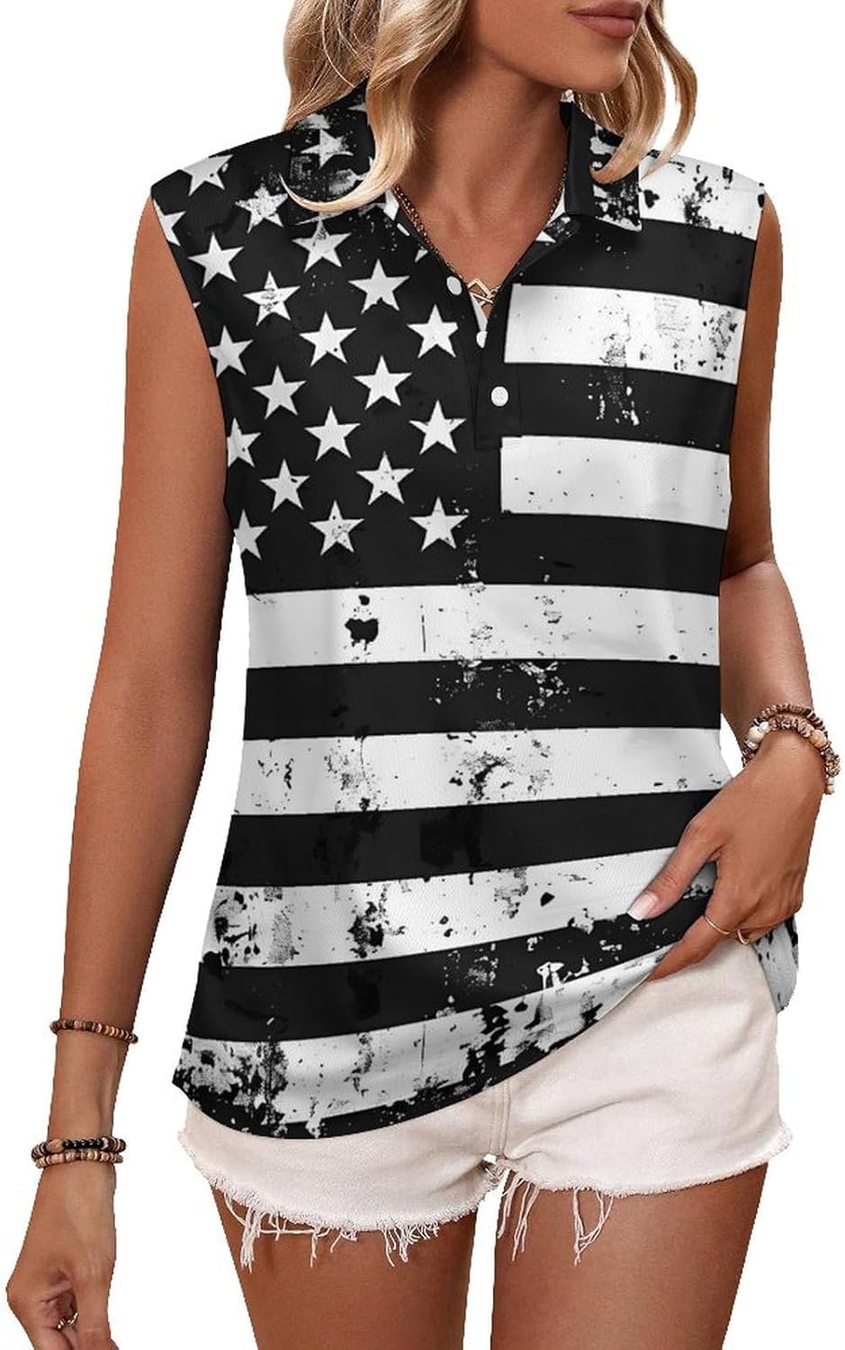 A-mericans U.S Flag Black And White Polo Shirts for Women Sleeveless Golf Shirt Tank Tops Tennis Workout T-Shirts