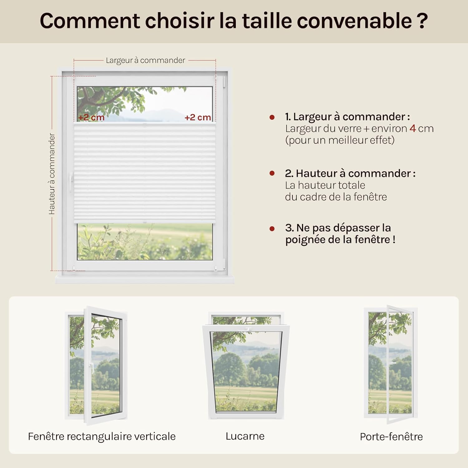 Diagram illustrating how to measure for the pleated blind, showing width measurement from glass edge plus 2cm on each side, and total frame height.