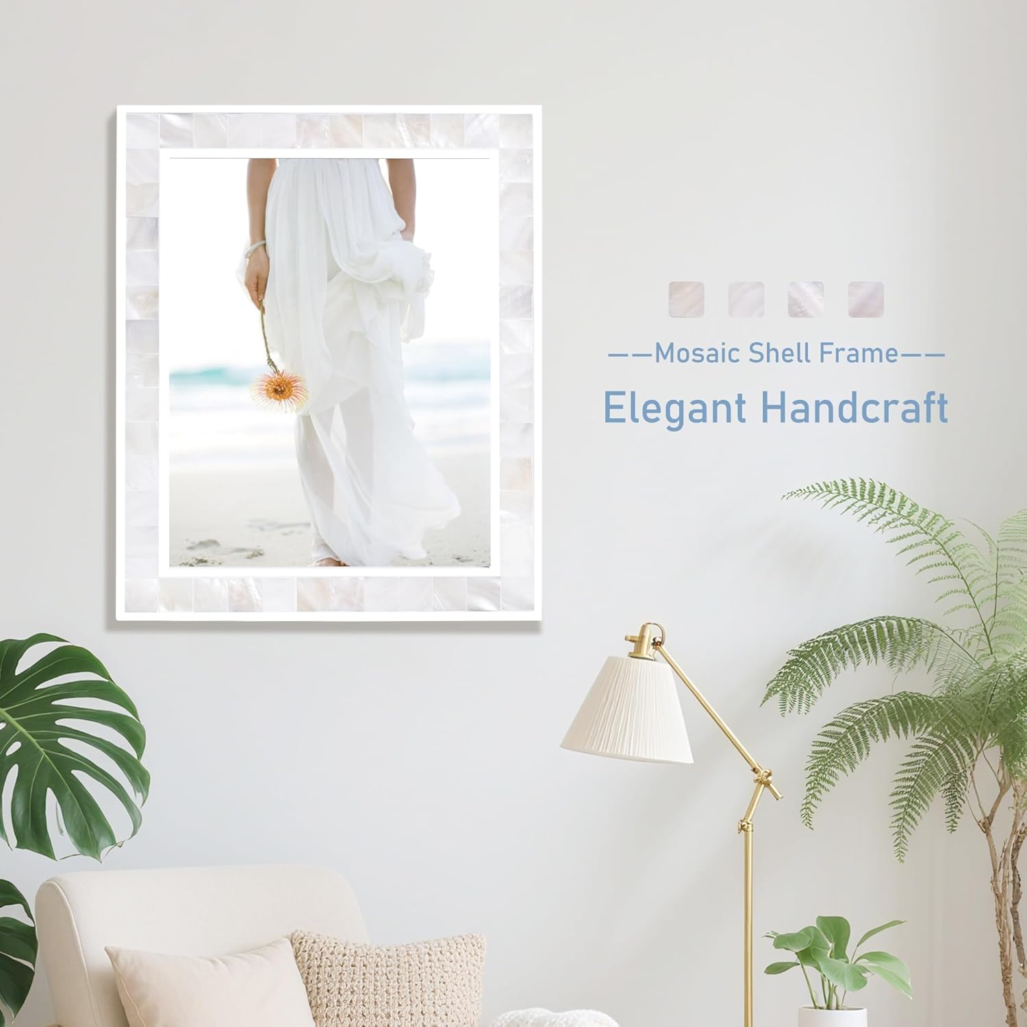 Tanmicoshomy 8x10 Picture Frame with Tempered Glass, Natural Shell Inlay Mosaic Design Coastal Tabletop Photo Frames with Wall Mounting Hooks (8x10 inch, White,1pc)