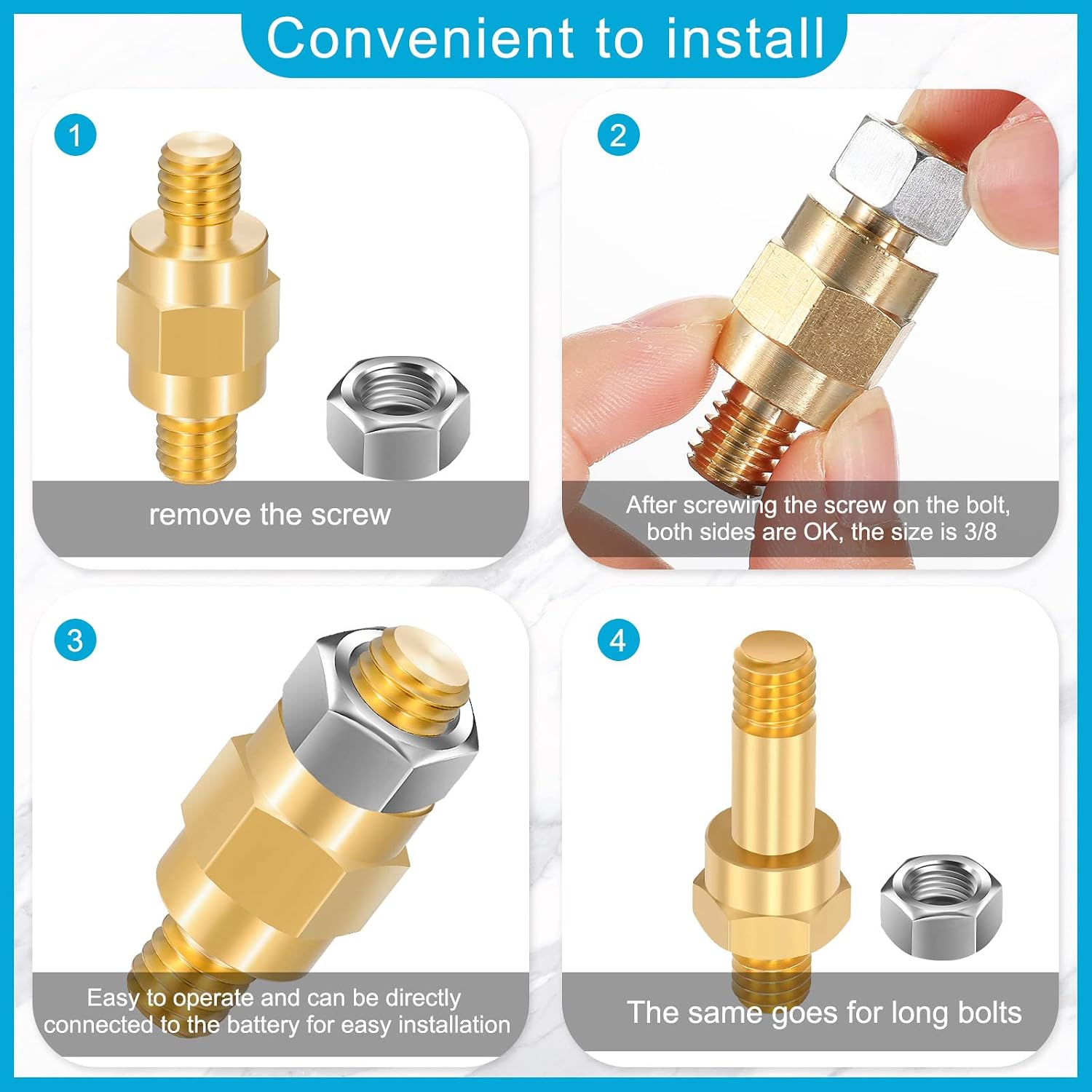 8 Pieces Brass Side Post Battery Terminal Bolt 3/8 Inch Standard Stud Extender Automotive Battery Post Adapter for Car Audio Cable Extension Kit Accessory, 1.57 1.81 Inch