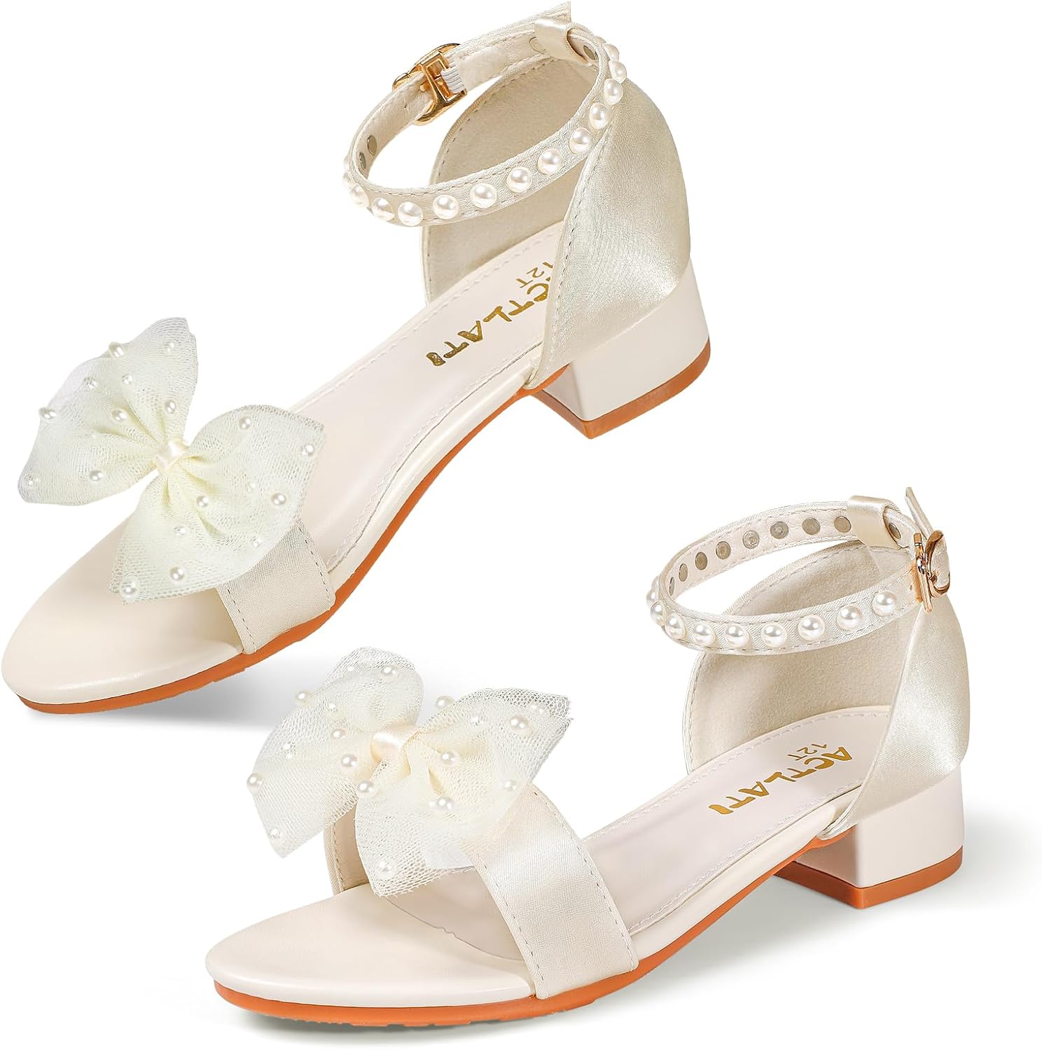 Girls Dress Shoes Chunky Low Heels Sandals Open Toe Ankle Strap Decorative Bow Flower Girl Wedding Party Shoes for Little Big Kid