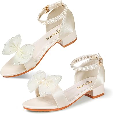 Girls Dress Shoes Chunky Low Heels Sandals Open Toe Ankle Strap Decorative Bow Flower Girl Wedding Party Shoes for Little Big KidIvory Satin,Little Kid 3