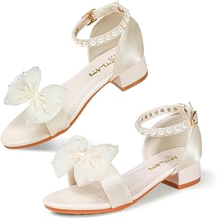Girls Dress Shoes Chunky Low Heels Sandals Open Toe Ankle Strap Decorative Bow Flower Girl Wedding Party Shoes for Little Big Kid