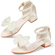 Girls Dress Shoes Chunky Low Heels Sandals Open Toe Ankle Strap Decorative Bow Flower Girl Wedding Party Shoes for Little Big Kid