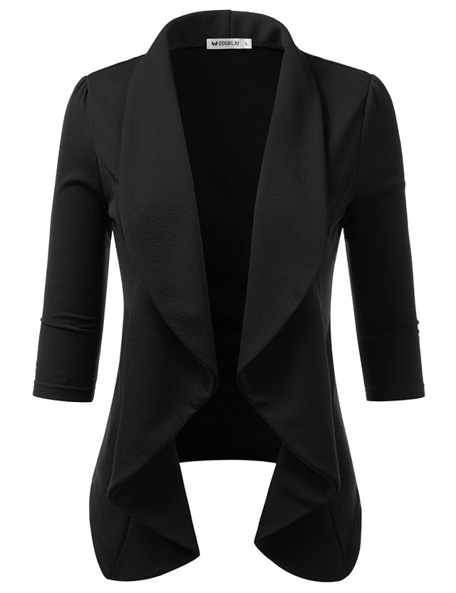 DOUBLJU Lightweight Thin 3 4 Sleeve Open Front Blazer Business Casual Deconstructed Jackets for Womens Clothes with Plus