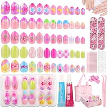144 Pcs Press on Nails with Glue, Almond Fake Nail Stick on Nails Kit with Jelly Stickers & Nail Builder Adhesive Cute Acrylic Nails Stuff for Gift