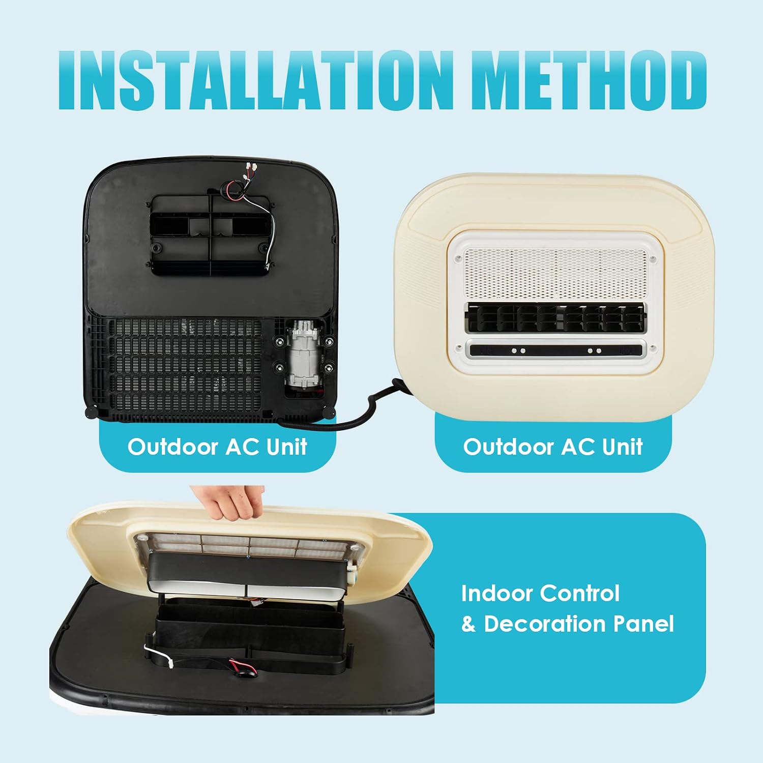 12V DC air conditioner/ultra-thin car roof air conditioner is applicable to minivans, off-road vehicles, pickups, motor homes, trucks, agricultural vehicles, excavators, etc (12V voltage)