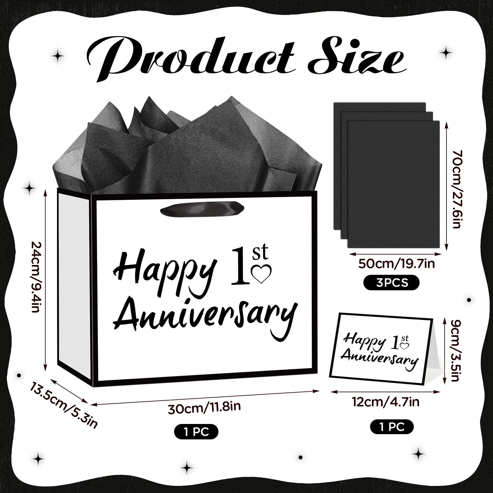 TagreSpike 1st Anniversary Paper Gift Bag with Tissue Paper and Card - Large Happy 1st Anniversary Wrapping Bag - Black and White Paper Anniversary Party Supplies for Husband Wife Couple