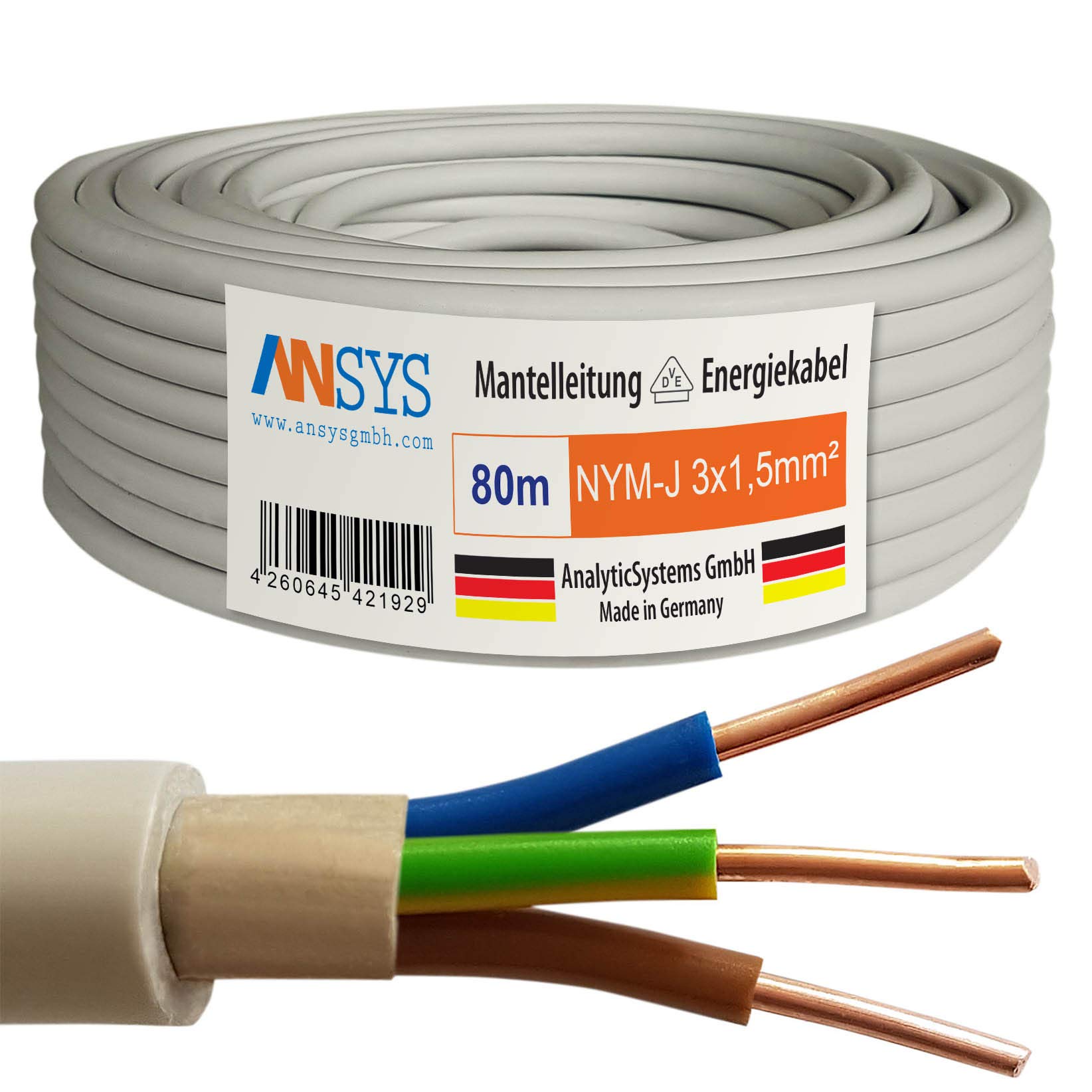 80m NYM-J 3x1,5 mm² Mantelleitung Feuchtraumkabel Elektrokabel Kupfer Made in Germany