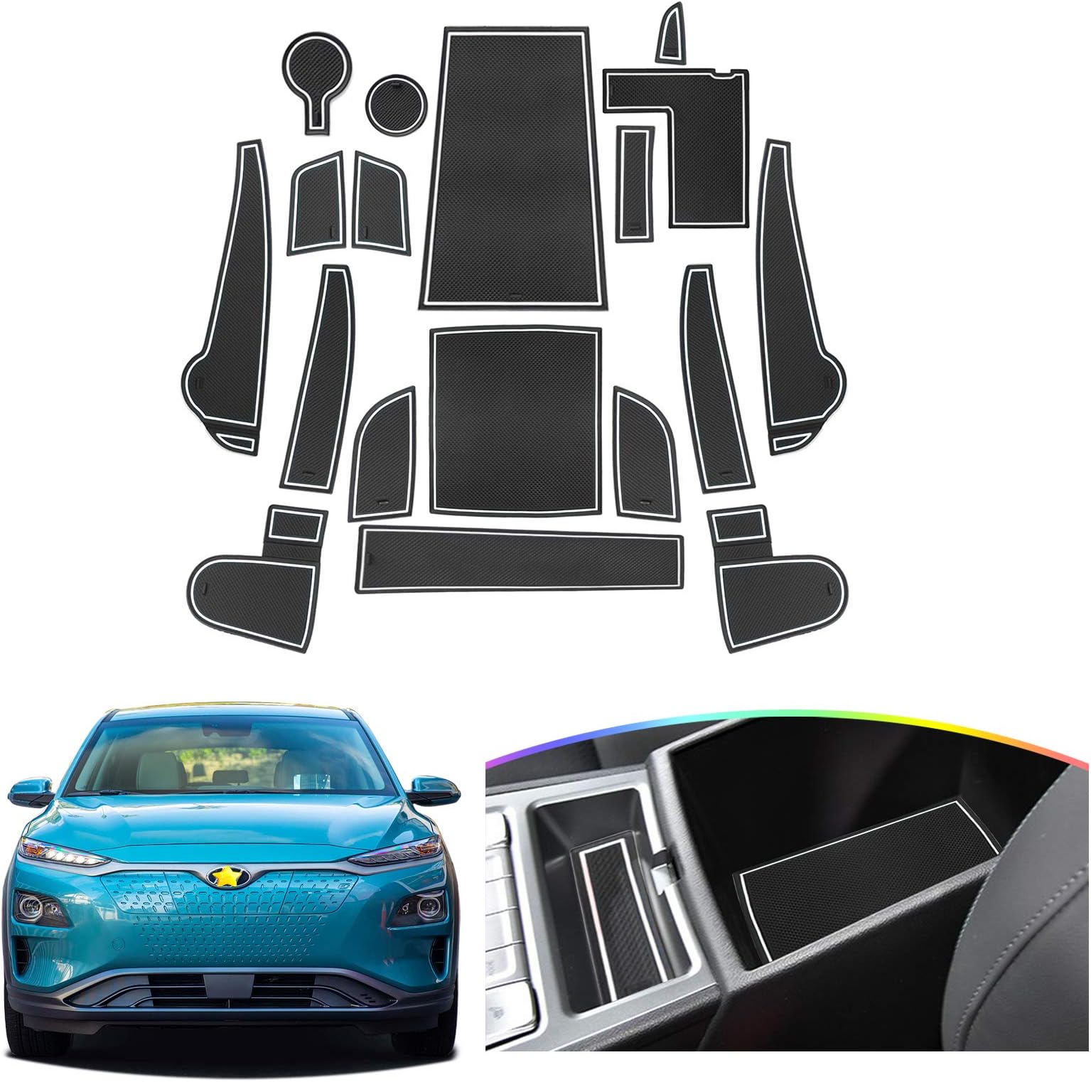 SKTU Door Slot Mat for 2020 2021 2022 Hyundai Kona EV SUV Non-Slip Interior Door Groove Gate Pad Fit Hyundai Kona Door Compartment Cup Center Console Liners Car Accessory Decoration (White)