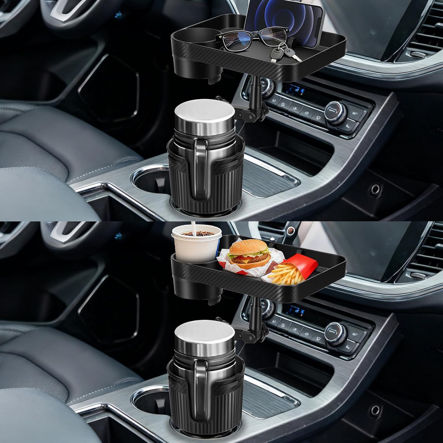 Car Cup Holder Tray, Car Food Tray for Eating with Phone Holder, Large Car Cup Holder Expander with Adjustable Base, Fit in 2.52-3.54 inch Car Holder, Road Trip Essentials