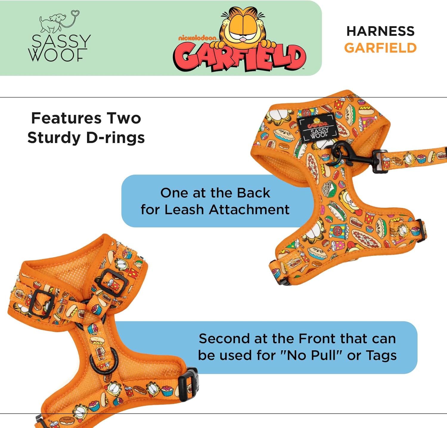 Dog Adjustable Harness - Garfield™ - XL, Breathable Mesh, No Pull Design with Two D-Rings, Patented Design, Ideal for Extra Large Dogs - Officially Licensed