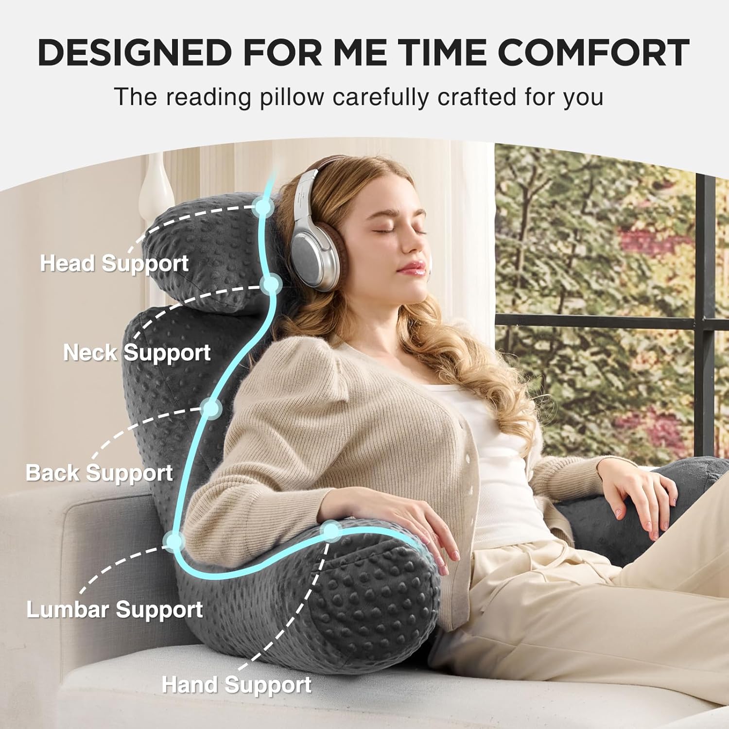 Reading Pillow for Sitting in Bed Couch Adult, Back Pillow for Bed Sitting Up, Back-Rest Support Cushion with Pockets and Arms, Watching TV, Relaxing, Reading, Dark Grey