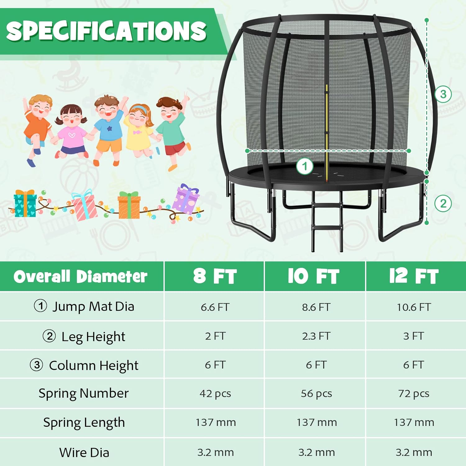Goplus Outdoor Trampolines 8FT 10FT 12FT, 400LBS Bearing Recreational Trampolines with Enclosure Net, Non-Slip Ladder, Hot-dip Galvanized Technology, ASTM Approved Trampoline for Kids Adults