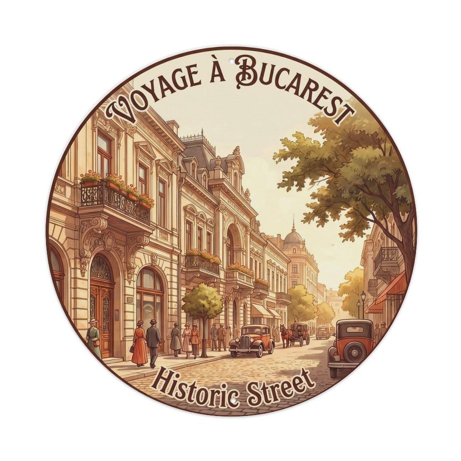 Vintage Travel Bucharest Street Historic Metal Tin Sign