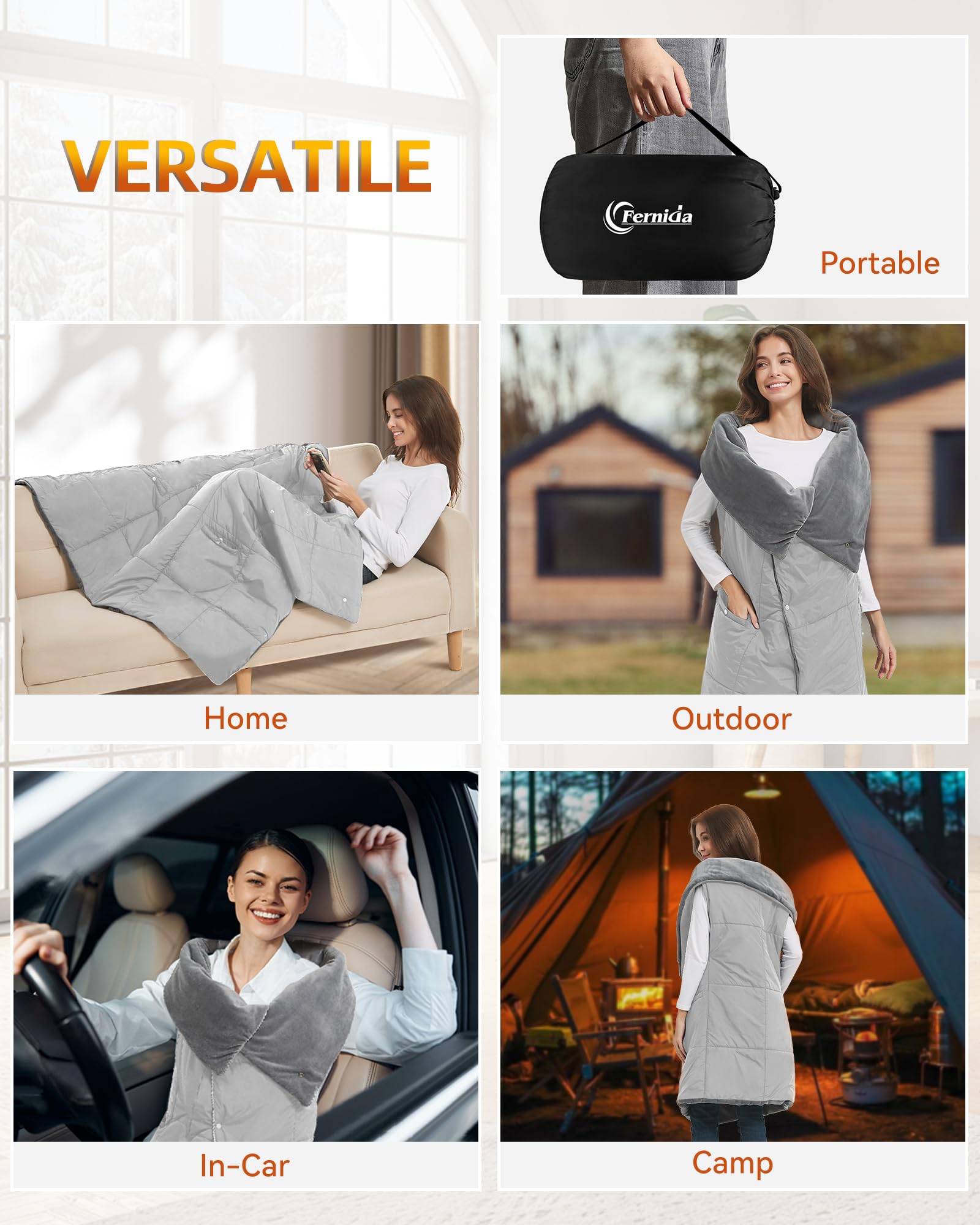Heizdecke Kabellos mit 7.4V Akku für Herren Damen, FERNIDA Elektrische Wärmekissen Tragbar Beheizter Schal für Zuhause, Büro, Reisen, Wandern,Grau