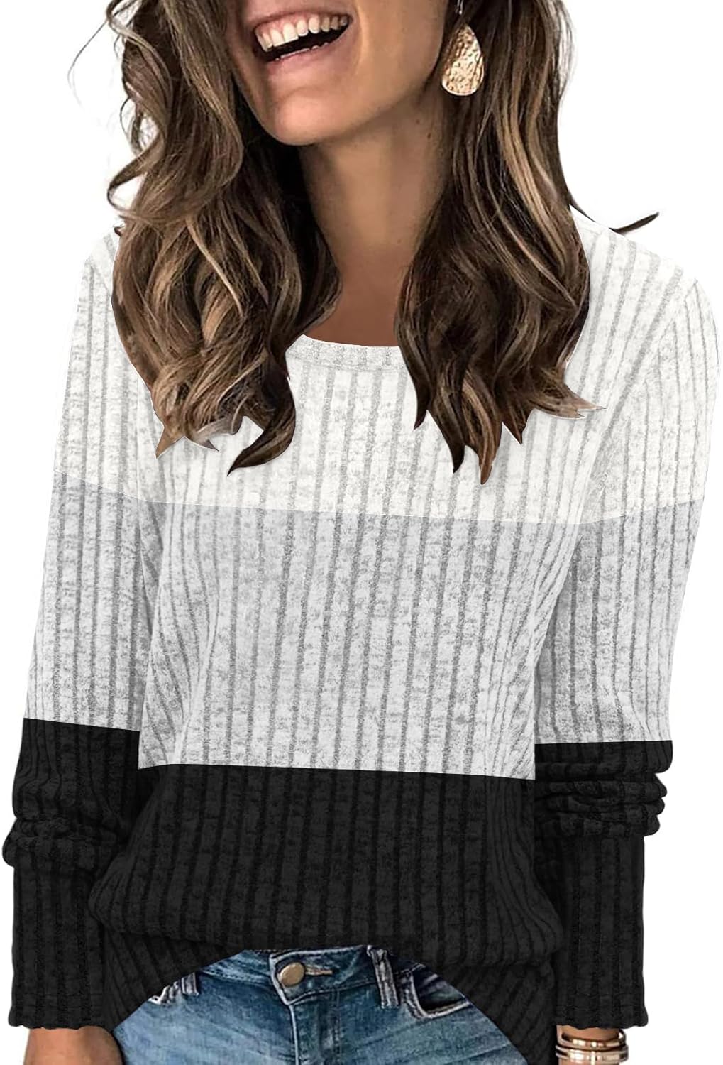 Womens Color Block Tops Striped Lightweight Sweaters Long Sleeve Crewneck Shirts Casual Loose Fit Tunic