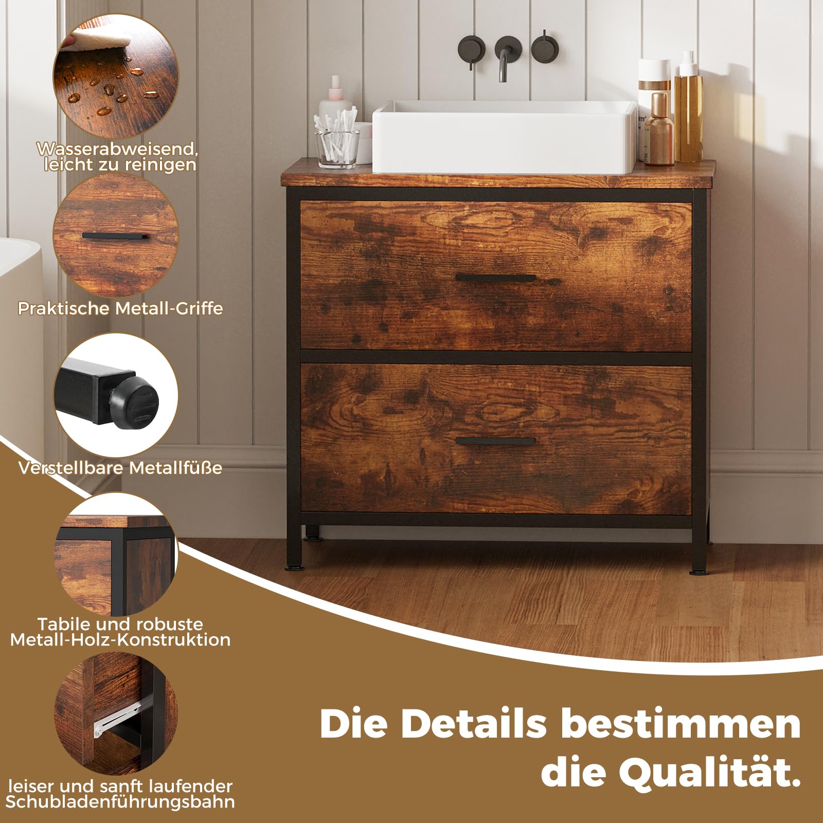 ELUCHANG Waschbeckenunterschrank,Badezimmerschrank mit 2 großen Schubladen &mit Füßen,Unterschrank 60x30x60cm,Badschrank,Feuchtigkeitsbeständig,Ideal für Kompakte Badezimmer & Gäste-WC,Schwarz+Vintage