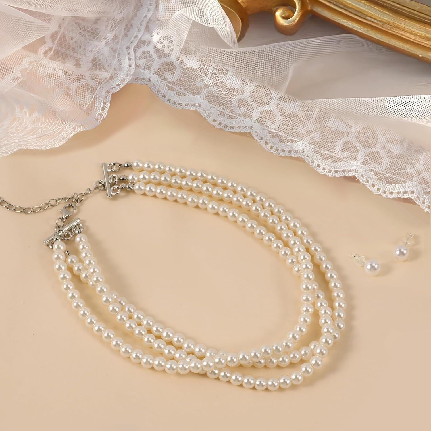 Women's Wedding Boho Vintage Pearl Choker Necklace Set with Earrings, Layered Imitation Pearl Necklaces, Bridal Elegant Multi-layer Pearl Costume Jewelry